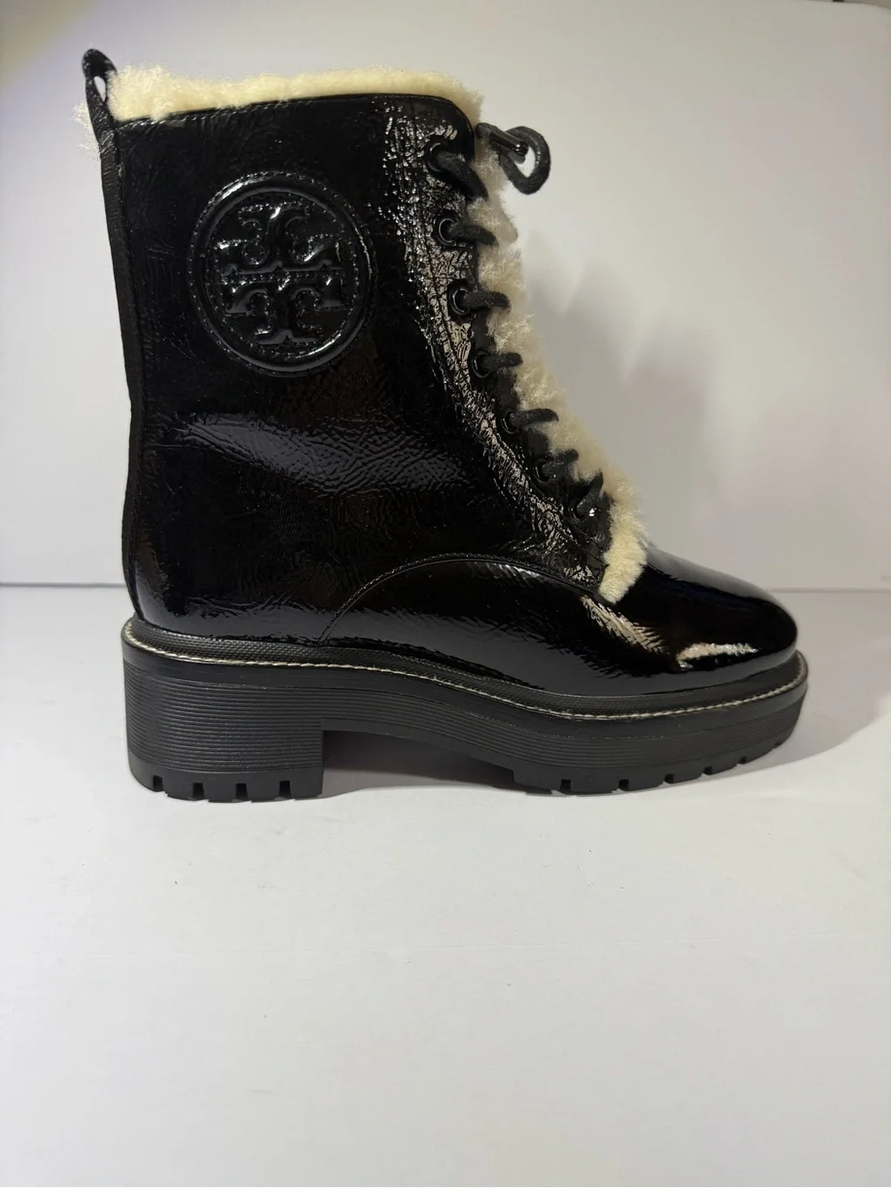 Tory Burch Black Patent Leather Shearling-Trim Combat Boots size5